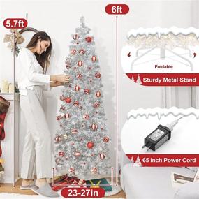 img 1 attached to 🎄 Sparkling Silver Tinsel Pre-lit Pencil Christmas Tree - 6ft with Metal Stand - Decoway