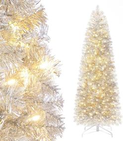 img 4 attached to 🎄 Sparkling Silver Tinsel Pre-lit Pencil Christmas Tree - 6ft with Metal Stand - Decoway