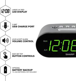 img 2 attached to Цифровые настольные часы SHARP с быстрым USB-портом для зарядки - удобный дисплей, быстрая зарядка телефонов и планшетов, простая эксплуатация, черный - зеленые светодиоды.