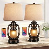 🏡 set of 2 rustic farmhouse bedside table lamps for living room with oatmeal tapered drum shade, usb ports, and outlet - ideal for rustic bedroom nightstands logo