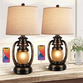 img 4 attached to 🏡 Set of 2 Rustic Farmhouse Bedside Table Lamps for Living Room with Oatmeal Tapered Drum Shade, USB Ports, and Outlet - Ideal for Rustic Bedroom Nightstands