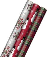 🎁 hallmark foil christmas wrapping paper: 3 rolls (60 sq. ft. ttl) with cut lines - plaid snowflakes, snowmen & tartan plaid logo