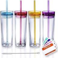 🥤 4 pack 16oz skinny tumblers with lids and straws - clear acrylic, double wall, bpa-free tumblers - includes free straw cleaner & name tags! logo