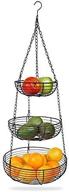 🍎 home intuition 3-tier hanging fruit produce basket: heavy duty wire organizer with ceiling hooks - round, black логотип