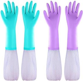 img 4 attached to 🧤 Latex Free Reusable Dishwashing Cleaning Gloves with Long Cuff and Cotton Lining - 2 Pairs (Large, Purple+Blue)