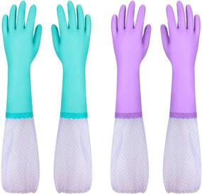 img 3 attached to 🧤 Latex Free Reusable Dishwashing Cleaning Gloves with Long Cuff and Cotton Lining - 2 Pairs (Large, Purple+Blue)