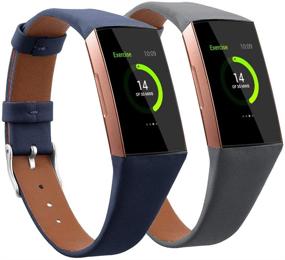 img 4 attached to 👨 Ремешки Mtozon из кожи: Совместимы с Fitbit Charge 3/Charge 4, стильная замена узких ремешков для мужчин и женщин - серый + темно-синий, размер L.