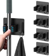 homeasy mop broom holder no drill - heavy duty wall mounted organizer with hooks hanger - self adhesive stainless steel rack, 4pcs - ideal for bathroom, kitchen, office - black logo