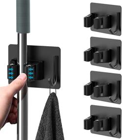 img 4 attached to Homeasy Mop Broom Holder No Drill - Heavy Duty Wall Mounted Organizer with Hooks Hanger - Self Adhesive Stainless Steel Rack, 4Pcs - Ideal for Bathroom, Kitchen, Office - Black