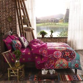 img 1 attached to 🌺 DasyFly 4PCS Bohemian Bedding: Lightweight Microfiber Boho Duvet Cover Set Full/Queen Size Rose Red Floral Bedding Mandala with Zipper Closure