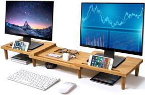 img 4 attached to 🖥️ Pezin & Hulin Bamboo Dual Monitor Stand Riser for Desk Organizer with Adjustable Length and Angle - Multi-Screen Stand Solution for Office Wood Desktop Storage of Computers, Laptops, PCs, Printers, and Notebooks