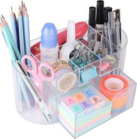 img 4 attached to 🖊️ Clear 9-Compartment Pen Holder for Desk: Acrylic Office Supplies Caddy & Stationery Organizer