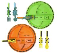 safe and fun constructive eating construction and dinosaur combo: 2 utensil sets and 2 plates for toddlers, infants, babies and kids - made in the usa from tested green materials logo