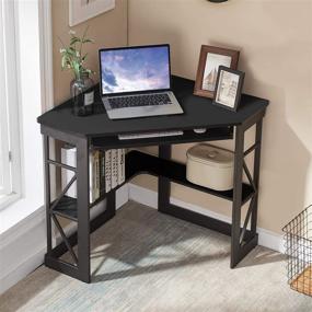 img 1 attached to VECELO Corner Computer Desk: Sleek Writing Table with Keyboard Tray & Storage Shelves - Compact Home Office Furniture in Black