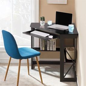 img 2 attached to VECELO Corner Computer Desk: Sleek Writing Table with Keyboard Tray & Storage Shelves - Compact Home Office Furniture in Black