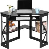 vecelo corner computer desk: sleek writing table with keyboard tray & storage shelves - compact home office furniture in black logo