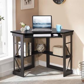 img 3 attached to VECELO Corner Computer Desk: Sleek Writing Table with Keyboard Tray & Storage Shelves - Compact Home Office Furniture in Black