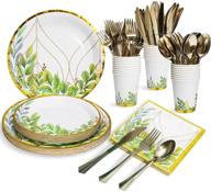🎉 party supplies and decorations: greenery party plates, napkins, cups sets with plastic cutlery sets - serves 24 for baby shower, bridal shower, birthdays, boho, jungle safari logo