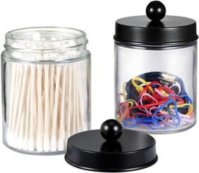 img 3 attached to 🖤 Black 4 Pack Apothecary Jars Set - Bathroom Vanity Storage with Stainless Steel Lids & Cute Stickers - Qtip Holder for Qtips, Cotton Swabs, Makeup Sponges