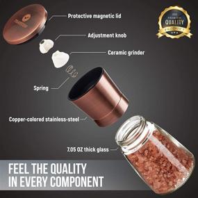 img 2 attached to Copper-Colored Stainless-Steel Salt and Pepper Grinder Set (2 Pc.) with Glass Base - Kitchen and Dining Room Accessory for Spices, Himalayan Pink Salt, Peppercorn - Bonus Black Silicon Stand Included