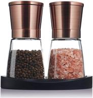 copper-colored stainless-steel salt and pepper grinder set (2 pc.) with glass base - kitchen and dining room accessory for spices, himalayan pink salt, peppercorn - bonus black silicon stand included логотип