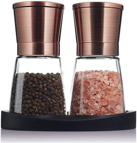 img 4 attached to Copper-Colored Stainless-Steel Salt and Pepper Grinder Set (2 Pc.) with Glass Base - Kitchen and Dining Room Accessory for Spices, Himalayan Pink Salt, Peppercorn - Bonus Black Silicon Stand Included