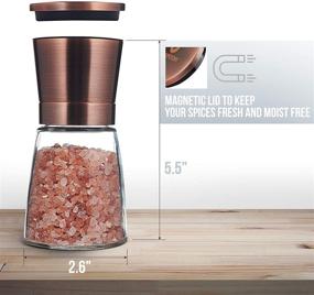 img 1 attached to Copper-Colored Stainless-Steel Salt and Pepper Grinder Set (2 Pc.) with Glass Base - Kitchen and Dining Room Accessory for Spices, Himalayan Pink Salt, Peppercorn - Bonus Black Silicon Stand Included