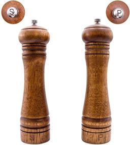 img 2 attached to 🌿 Premium Wooden Salt and Pepper Grinder Set - Refillable Mills with Wood Tray, Dark Brown 8 Inch Shaker Set of 2 by Flashy Kitchens