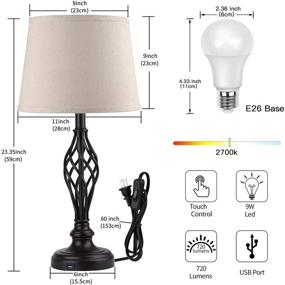 img 2 attached to 🛏️ Set of 2 Touch Control Vintage Bedside Lamps with USB Charging Port, 3-Way Dimmable Large Cream Drum Shade Spiral Cage Base Table Lamps for Living Room, Bedroom by PARTPHONER