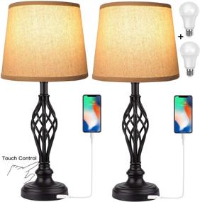 img 4 attached to 🛏️ Set of 2 Touch Control Vintage Bedside Lamps with USB Charging Port, 3-Way Dimmable Large Cream Drum Shade Spiral Cage Base Table Lamps for Living Room, Bedroom by PARTPHONER