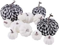 artmag 12 pcs assorted artificial pumpkins: large harvest white pumpkins with cloth black white plaid fabric - perfect fall harvest festival, thanksgiving, and halloween decoration logo