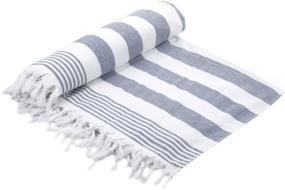 img 4 attached to 🌊 Turkish Cotton Oversized Beach Blanket, 80"x80", Luxury Peshtemal Front with Terry Loop Back, Fouta Blanket, Throw, Peshterry Beach Towel Queen Size (White-Blue) - Cottonna