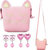 🐱 maxdot little girls pink cute cat crossbody bag handbag with clip-on earrings - adorable jewelry set for kids and toddlers logo