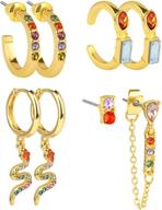 🌈 colorful small rhinestone huggie hoop earrings: 4 pairs for women, girls | gold snake dangle hypoallergenic hoops logo