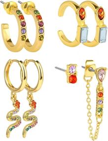 img 4 attached to 🌈 Colorful Small Rhinestone Huggie Hoop Earrings: 4 Pairs for Women, Girls | Gold Snake Dangle Hypoallergenic Hoops