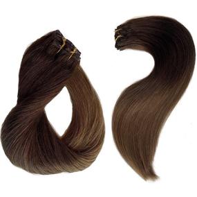 img 1 attached to 🌸 Medium Brown Ombre to Ash Brown Double Weft Clip In Hair Extensions - 100g 14 Inch Silky Soft Natural Human Hair, Straight and Healthy for Women - 8 Piece Set with Flat End, 20 Clips