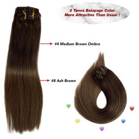 img 2 attached to 🌸 Medium Brown Ombre to Ash Brown Double Weft Clip In Hair Extensions - 100g 14 Inch Silky Soft Natural Human Hair, Straight and Healthy for Women - 8 Piece Set with Flat End, 20 Clips