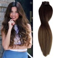 🌸 medium brown ombre to ash brown double weft clip in hair extensions - 100g 14 inch silky soft natural human hair, straight and healthy for women - 8 piece set with flat end, 20 clips logo