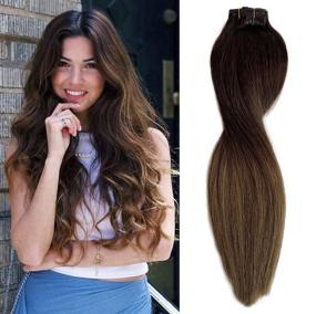 img 4 attached to 🌸 Medium Brown Ombre to Ash Brown Double Weft Clip In Hair Extensions - 100g 14 Inch Silky Soft Natural Human Hair, Straight and Healthy for Women - 8 Piece Set with Flat End, 20 Clips