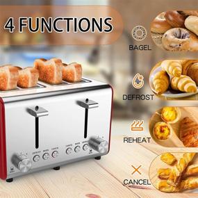 img 1 attached to 🍞 4-Slice Retro Red Stainless Steel Toaster with Extra-Wide Slots, 6 Bread Settings, Bagel/Reheat/Cancel/Defrost Functions, 2 Removable Crumb Trays, 2 Warming Racks