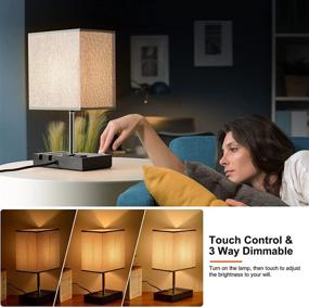 img 2 attached to 🛏️ Versatile Bedside Table Lamp with USB Charging Ports, AC Outlets, and Phone Stands – Grey Linen Modern Design (Bulb Included)