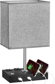 img 4 attached to 🛏️ Versatile Bedside Table Lamp with USB Charging Ports, AC Outlets, and Phone Stands – Grey Linen Modern Design (Bulb Included)