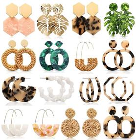 img 4 attached to 16 Pairs Bohemian Acrylic, Rattan, and Resin Earrings for 🌿 Women and Girls - Leaf Dangle, Mottled Hoop, and Gift Jewelry