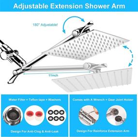 img 2 attached to 🚿 High Pressure Rain Shower Head Combo with 11 Inch Adjustable Extension Arm, Handheld Shower Head and 9 Settings - Anti-leak, Height/Angle Adjustable - 8'' Shower Head, 6.5FT Hose