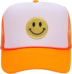 img 3 attached to 🧢 Fashion-forward Unisex Trucker Hat: Lin Su Smiley Face Sequins Print, Neon High Crown Foam Mesh Back Design