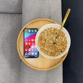 img 2 attached to 🪑 Round Bamboo Sofa Armrest Clip-On Tray by Xchouxer – Perfect for Remote, Drinks, and Phone – Enhance Your Sofa Experience!