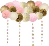 whimsical pink and gold party decor: 19-piece tissue paper flowers, pom poms, lanterns, and garland! logo