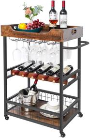 img 4 attached to 🍷 X-cosrack Bar Cart: Мобильный кухонный сервировочный столик с винным стеллажом, хранением, держателем для бокалов, съемной деревянной подносом, индустриальным дизайном, на колесиках с ручкой - рустик браун.
