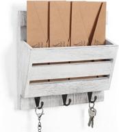 📬 rustic wall mount mail sorter organizer - entryway mail envelope storage wooden letter magazine coats organizer with 3 key hooks - wall mail holder for dog leash, cap rack - greyish white логотип