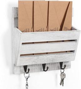 img 4 attached to 📬 Rustic Wall Mount Mail Sorter Organizer - Entryway Mail Envelope Storage Wooden Letter Magazine Coats Organizer with 3 Key Hooks - Wall Mail Holder for Dog Leash, Cap Rack - Greyish White